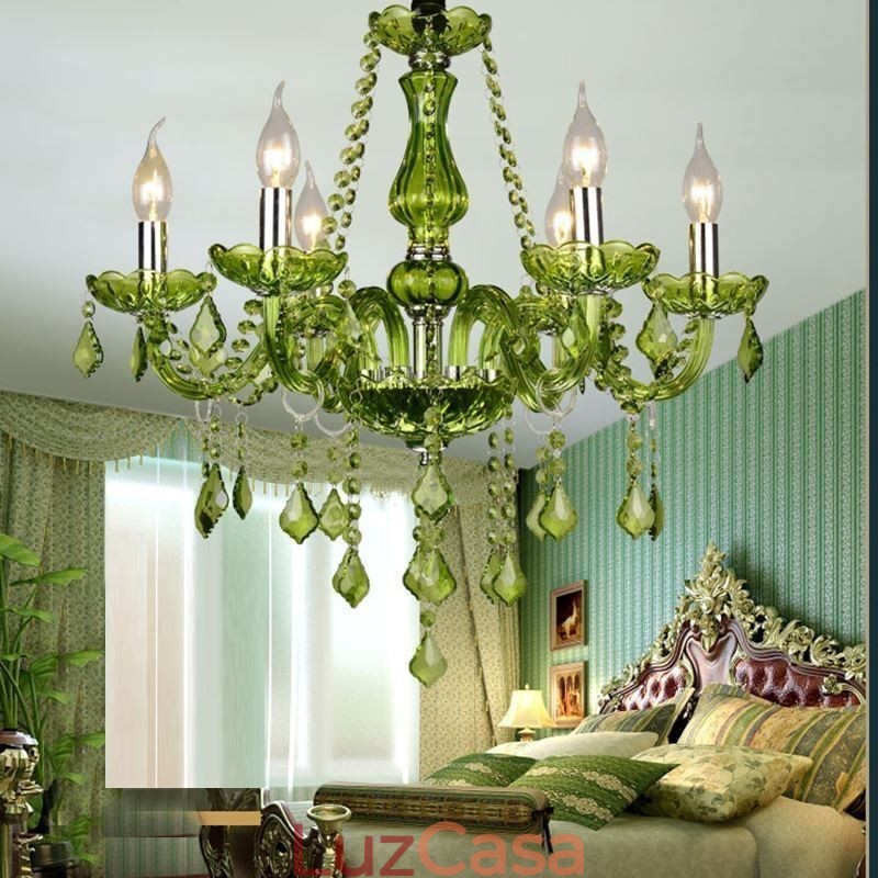 Lustre de cristal estilo europeu, luz pendente verde única