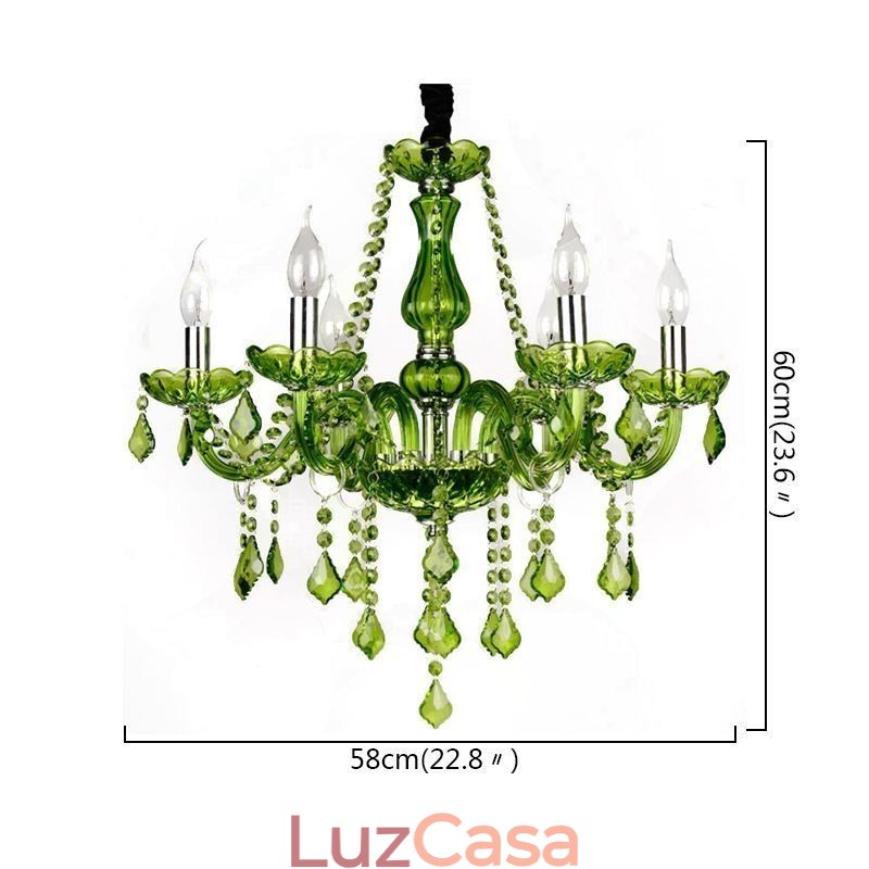 Lustre de cristal estilo europeu, luz pendente verde única