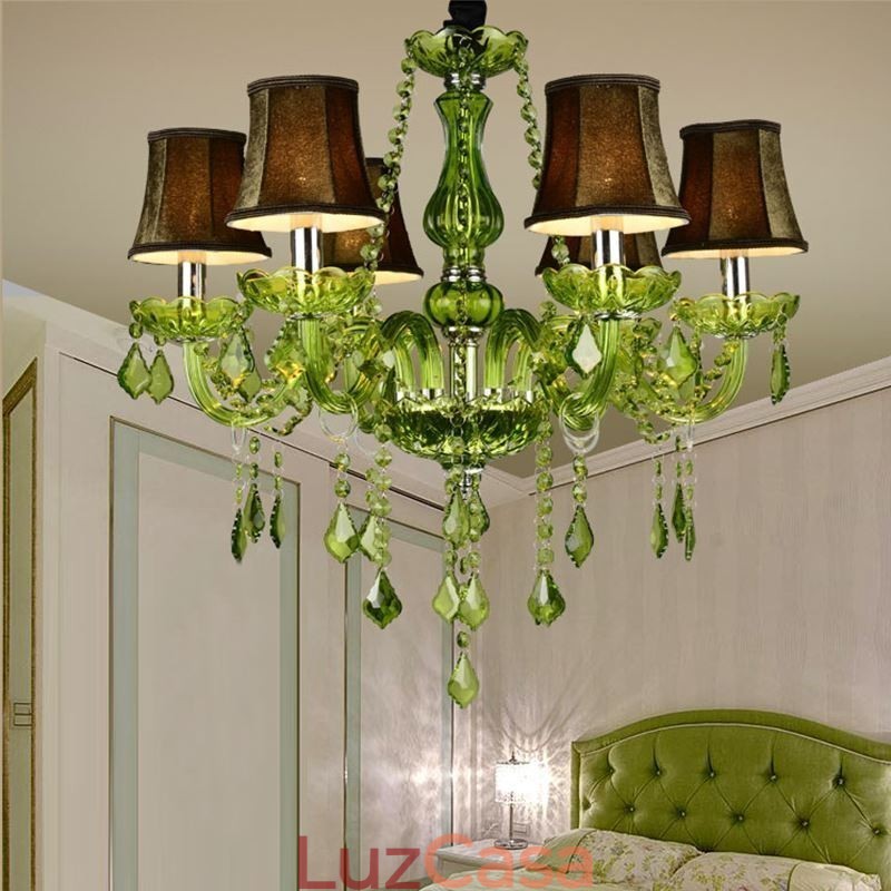 Lustre de cristal estilo europeu, luz pendente verde única