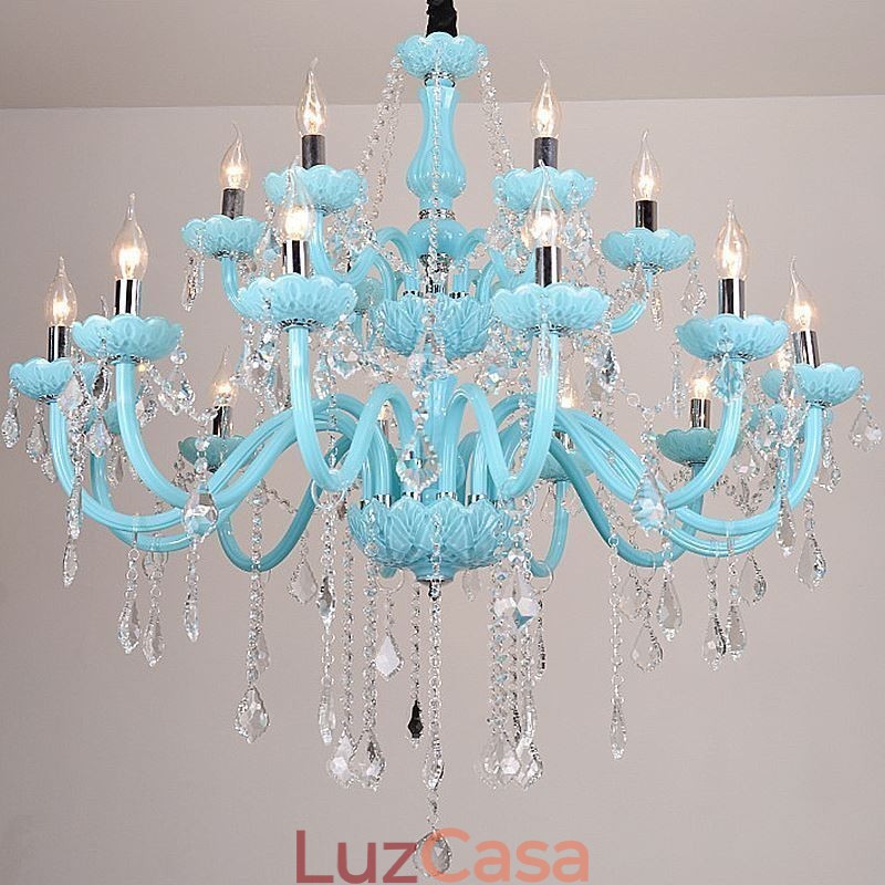 Lustre de cristal grande europeu, cor azul, pingente de luz