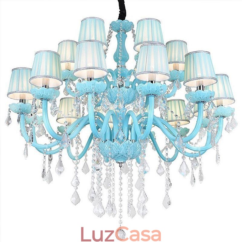 Lustre de cristal grande europeu, cor azul, pingente de luz