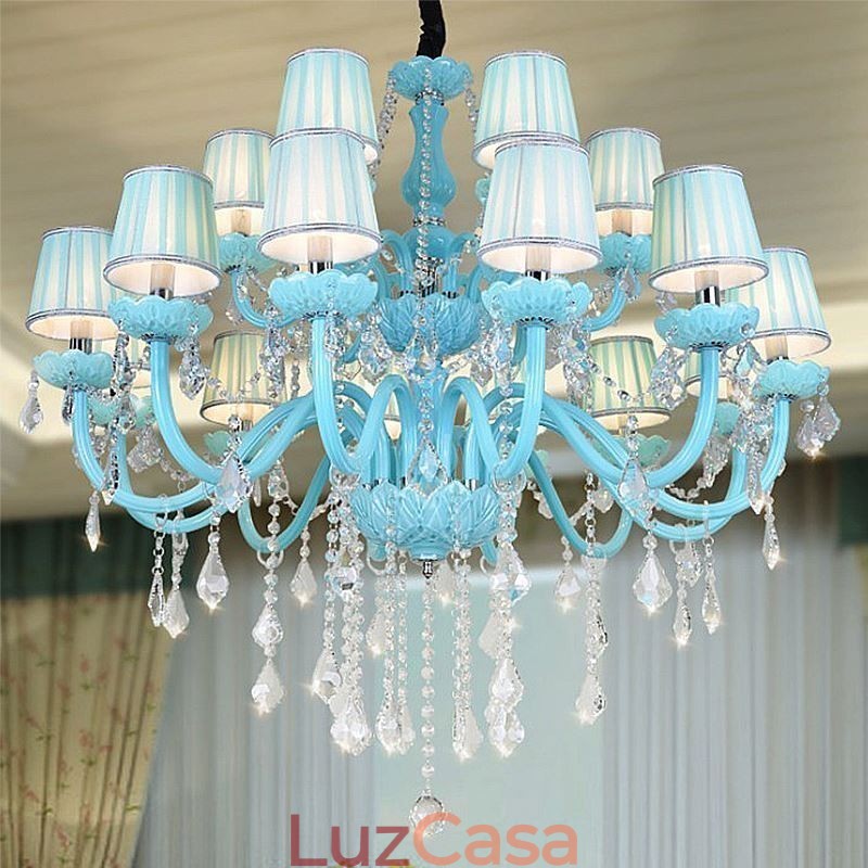 Lustre de cristal grande europeu, cor azul, pingente de luz