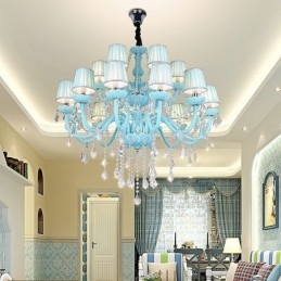 Lustre de cristal grande europeu, cor azul, pingente de luz