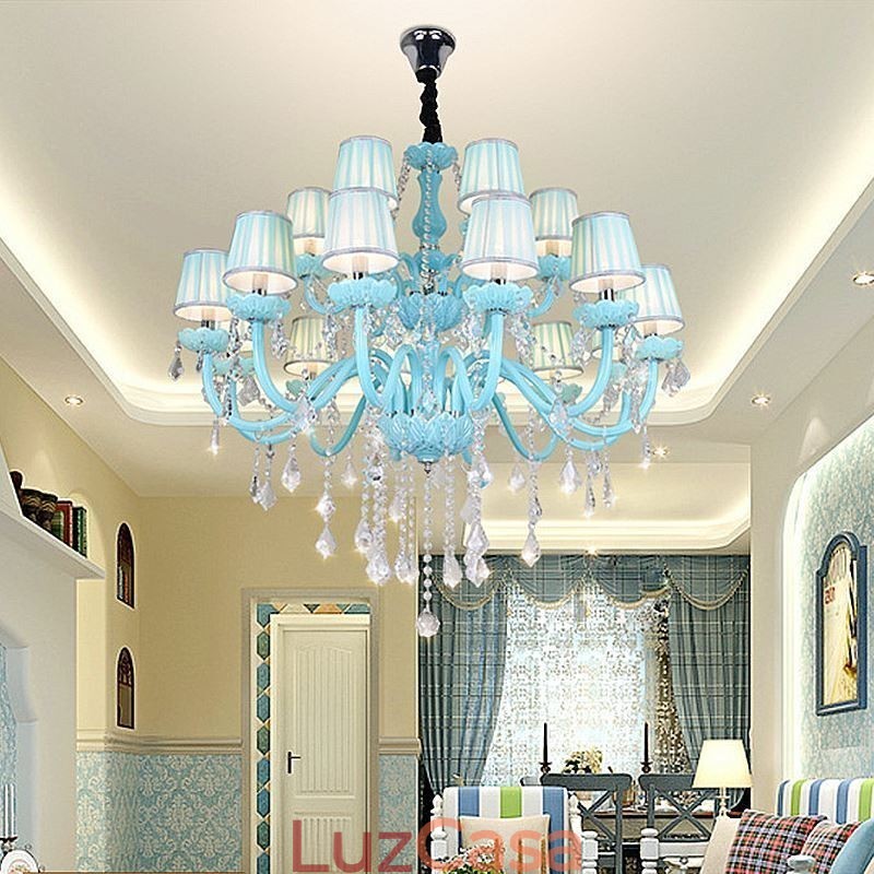 Lustre de cristal grande europeu, cor azul, pingente de luz