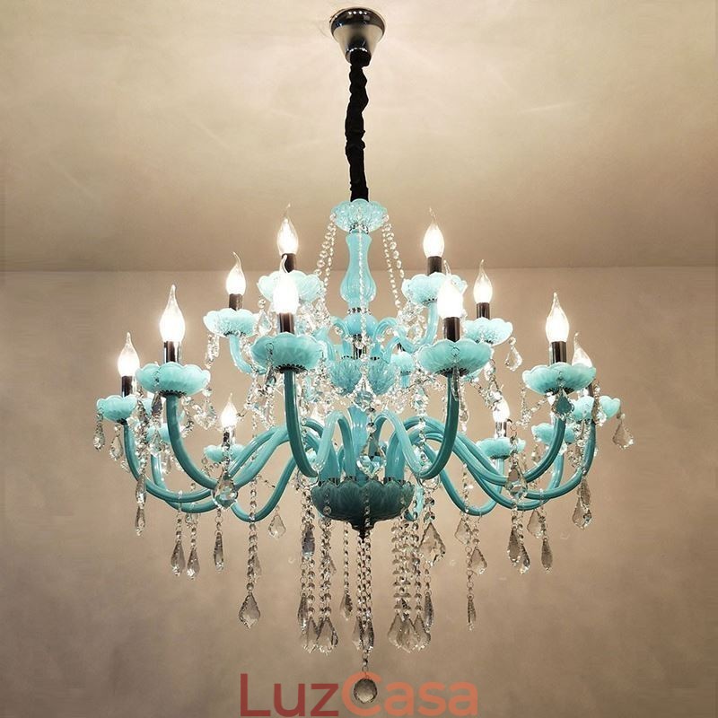 Lustre de cristal grande europeu, cor azul, pingente de luz