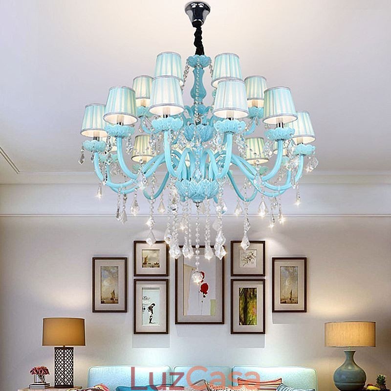 Lustre de cristal grande europeu, cor azul, pingente de luz