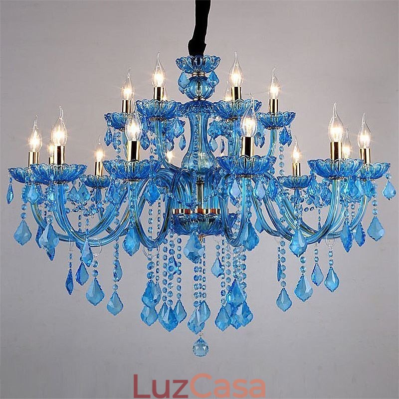 Elegante lustre de cristal europeu azul luz pendente