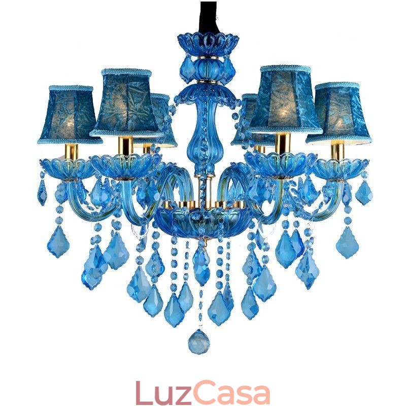 Elegante lustre de cristal europeu azul luz pendente
