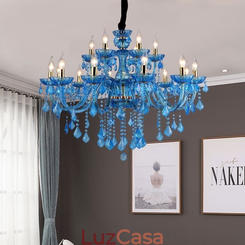 Elegante lustre de cristal europeu azul luz pendente
