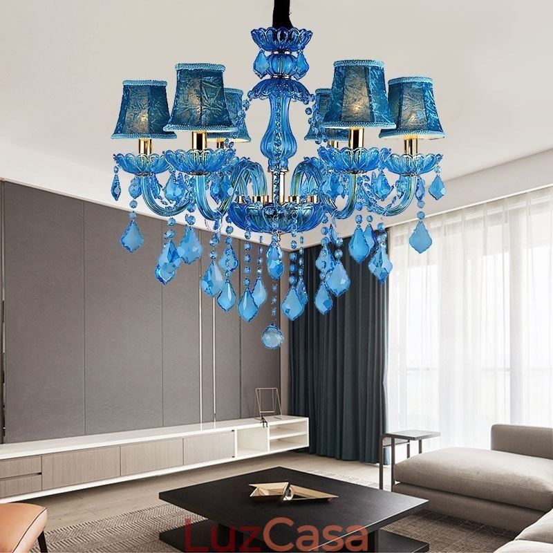 Elegante lustre de cristal europeu azul luz pendente