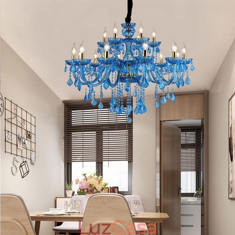 Elegante lustre de cristal europeu azul luz pendente