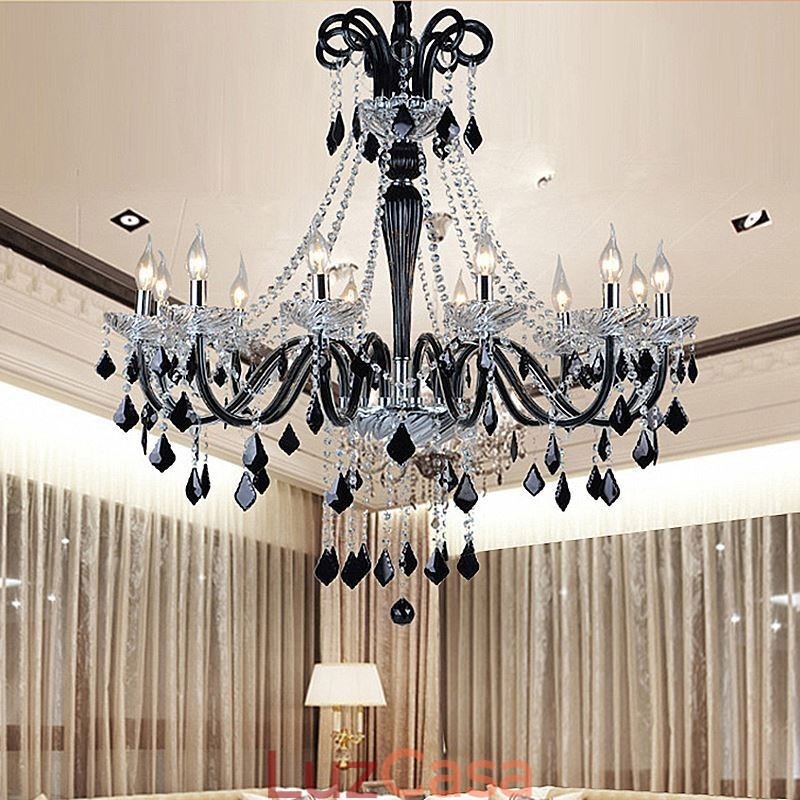 Lustre de cristal retrô europeu preto pingente luz