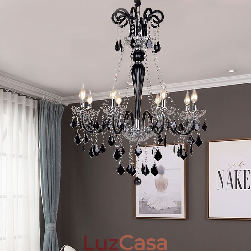Lustre de cristal retrô europeu preto pingente luz