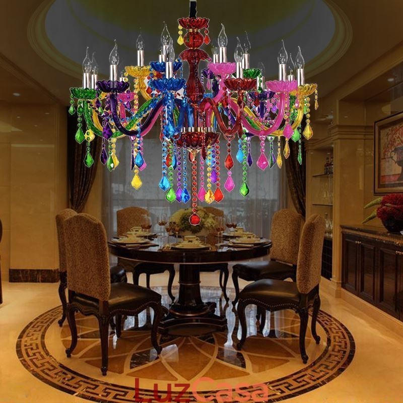 Lustre colorido estilo europeu, luminária pendente de luxo