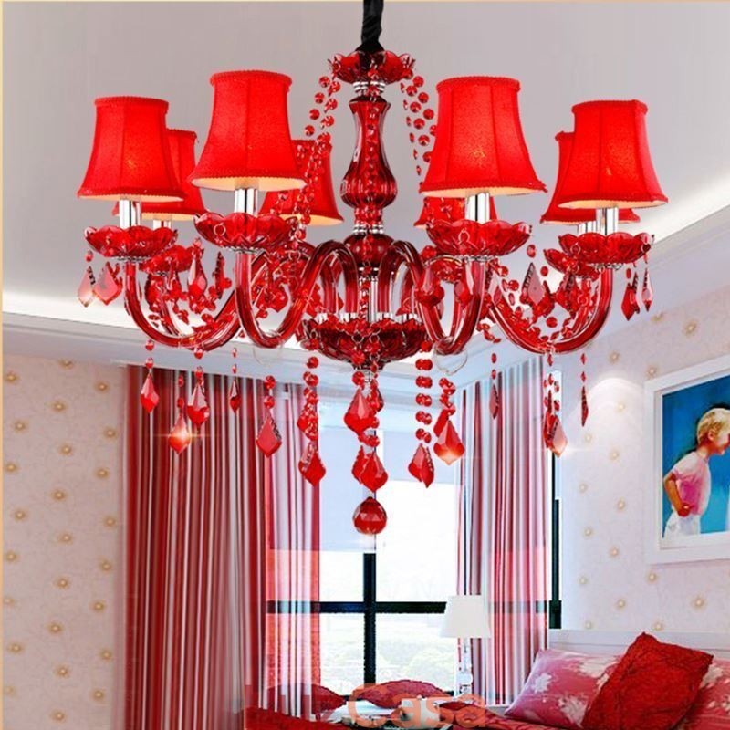 Lustre de cristal de luxo europeu vermelho cor pingente luz
