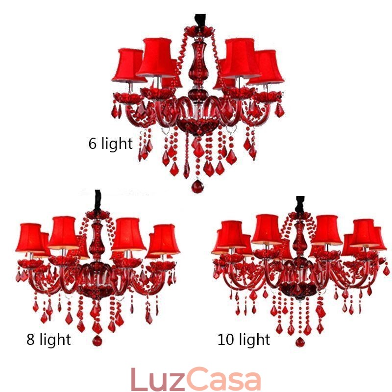 Lustre de cristal de luxo europeu vermelho cor pingente luz