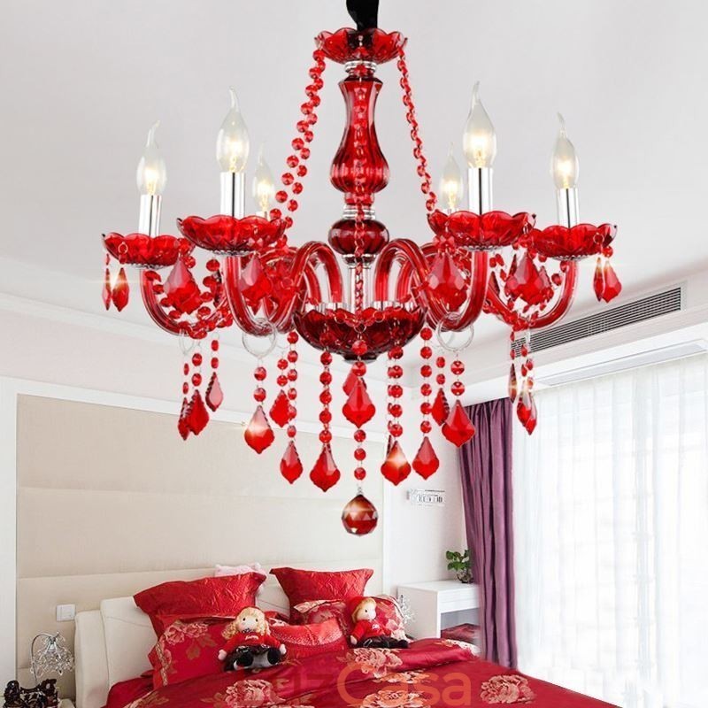 Lustre de cristal de luxo europeu vermelho cor pingente luz