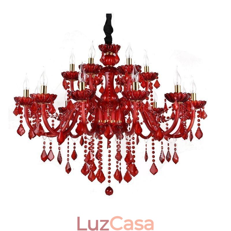 Lustre de cristal elegante europeu, cor vermelha, pingente de luz