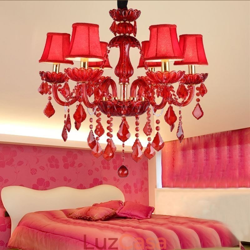 Lustre de cristal elegante europeu, cor vermelha, pingente de luz