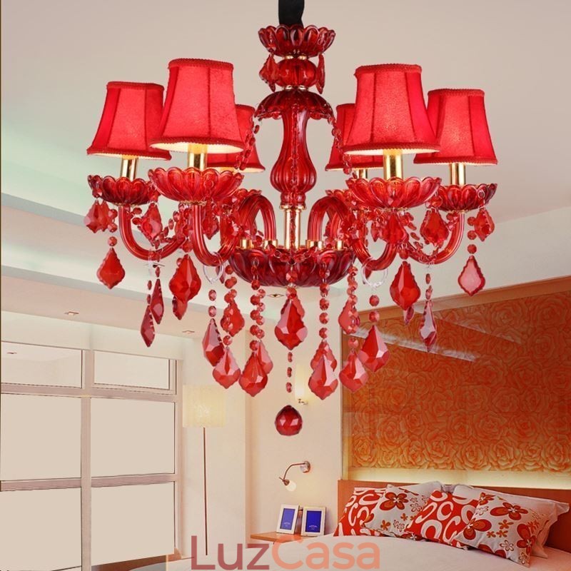 Lustre de cristal elegante europeu, cor vermelha, pingente de luz