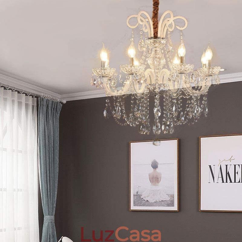Elegante lustre de cristal europeu cor branca luz pendente