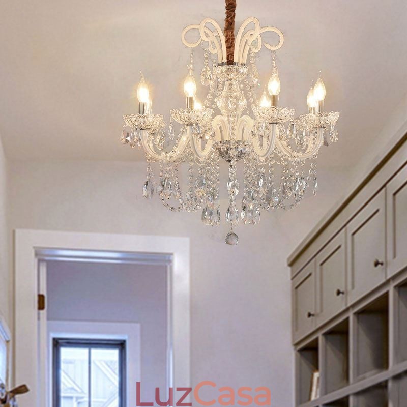 Elegante lustre de cristal europeu cor branca luz pendente