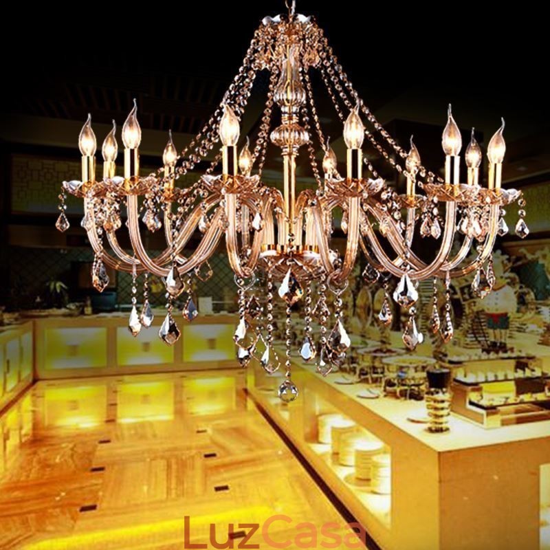 Lustre de cristal europeu de luxo cor âmbar luz pendente