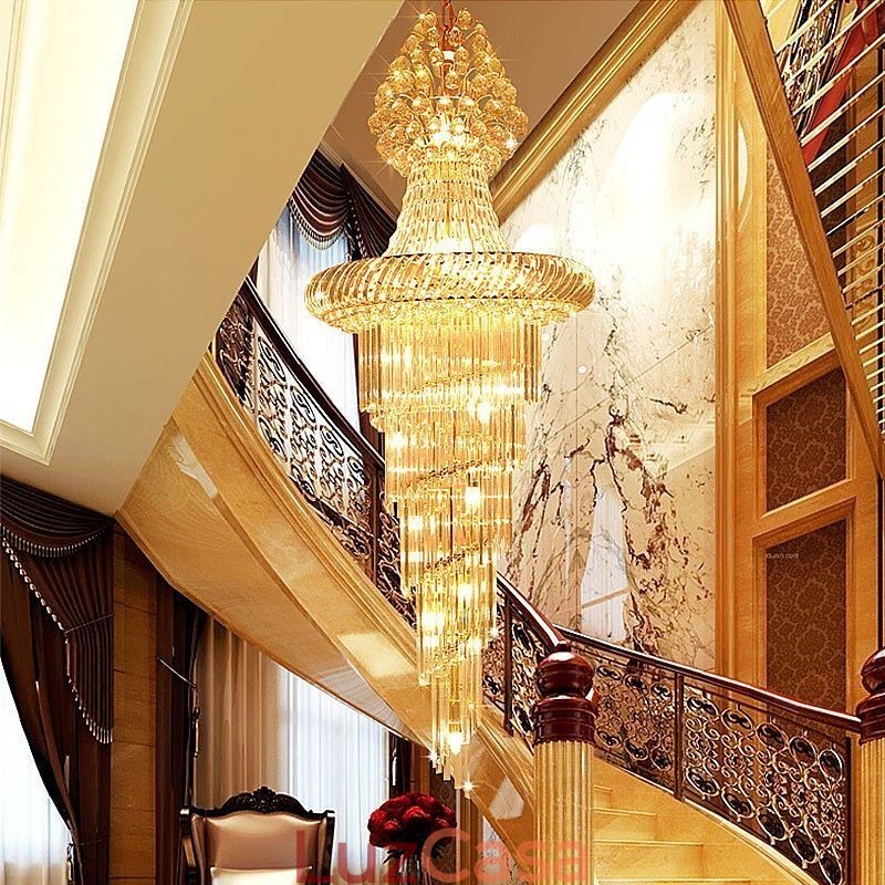 Lustre de cristal de luxo moderno europeu gracioso longo pingente duplex escada