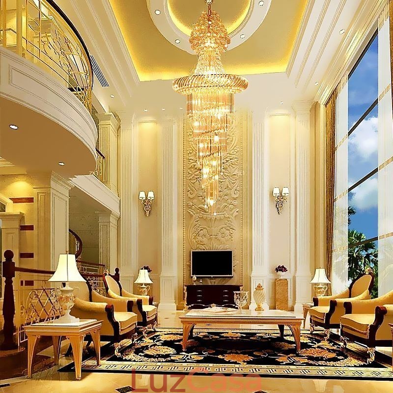 Lustre de cristal de luxo moderno europeu gracioso longo pingente duplex escada