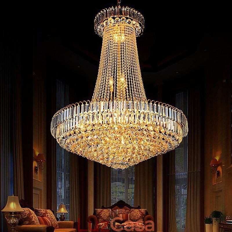 Elegante lustre de cristal europeu pendente luz longa lustre suspenso duplex escada