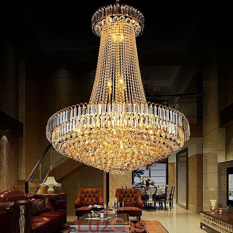 Elegante lustre de cristal europeu pendente luz longa lustre suspenso duplex escada