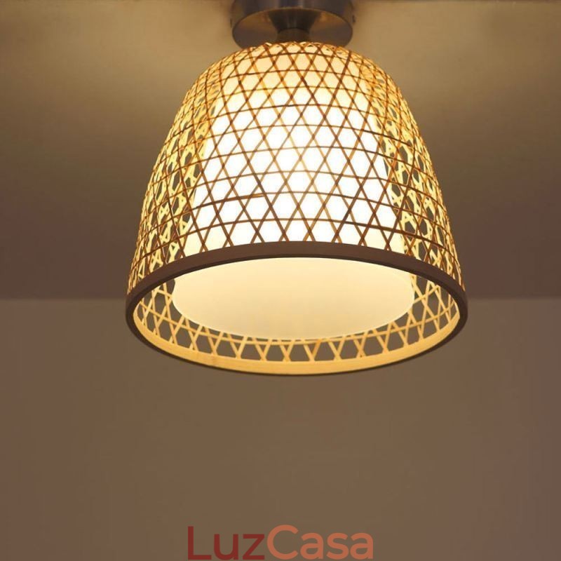 Luminária de teto redonda criativa semi-embutida de bambu para iluminação de vestíbulo