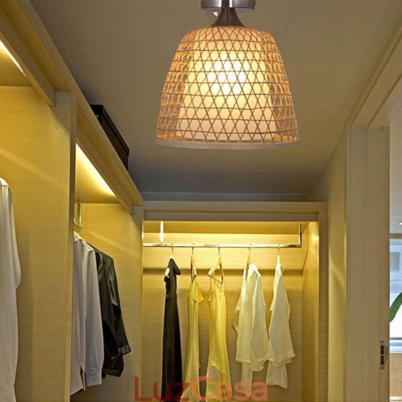 Luminária de teto redonda criativa semi-embutida de bambu para iluminação de vestíbulo