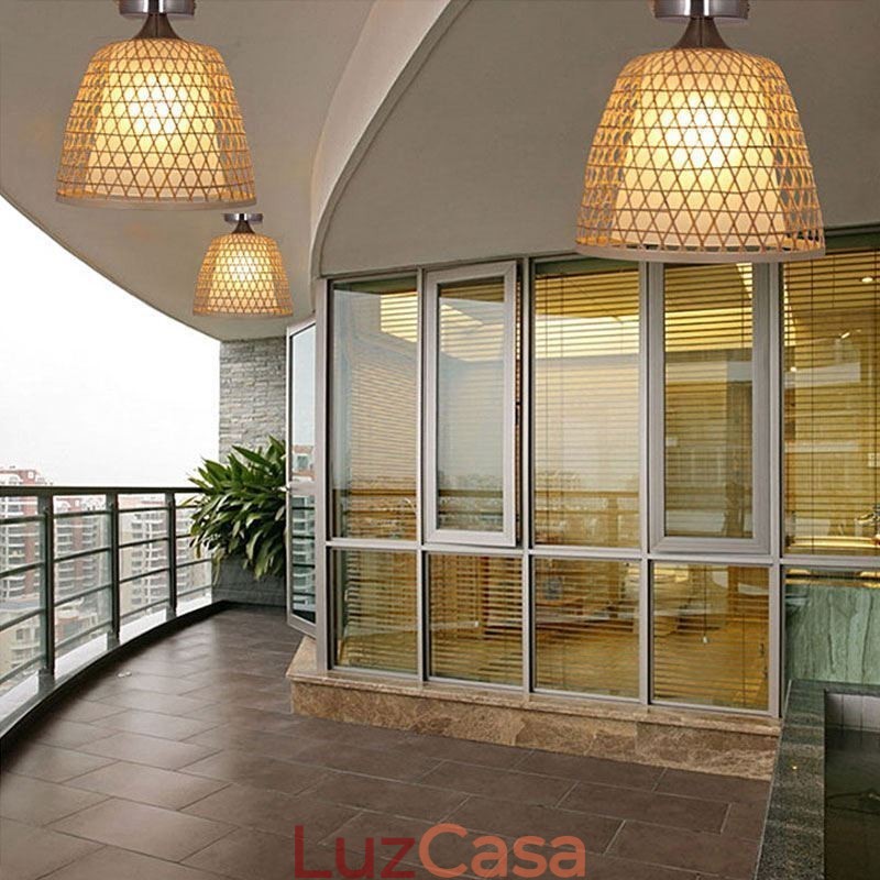 Luminária de teto redonda criativa semi-embutida de bambu para iluminação de vestíbulo