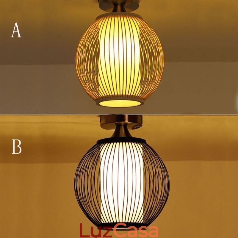 Luminária de teto redonda de bambu criativa semi embutida exclusiva para iluminação de varanda