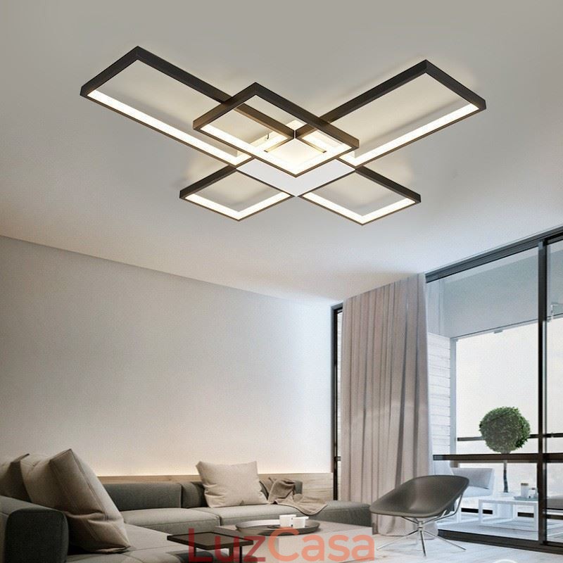 Luminária de teto minimalista embutida com cinco quadrados, ajustável continuamente e com controle remoto de 92 W