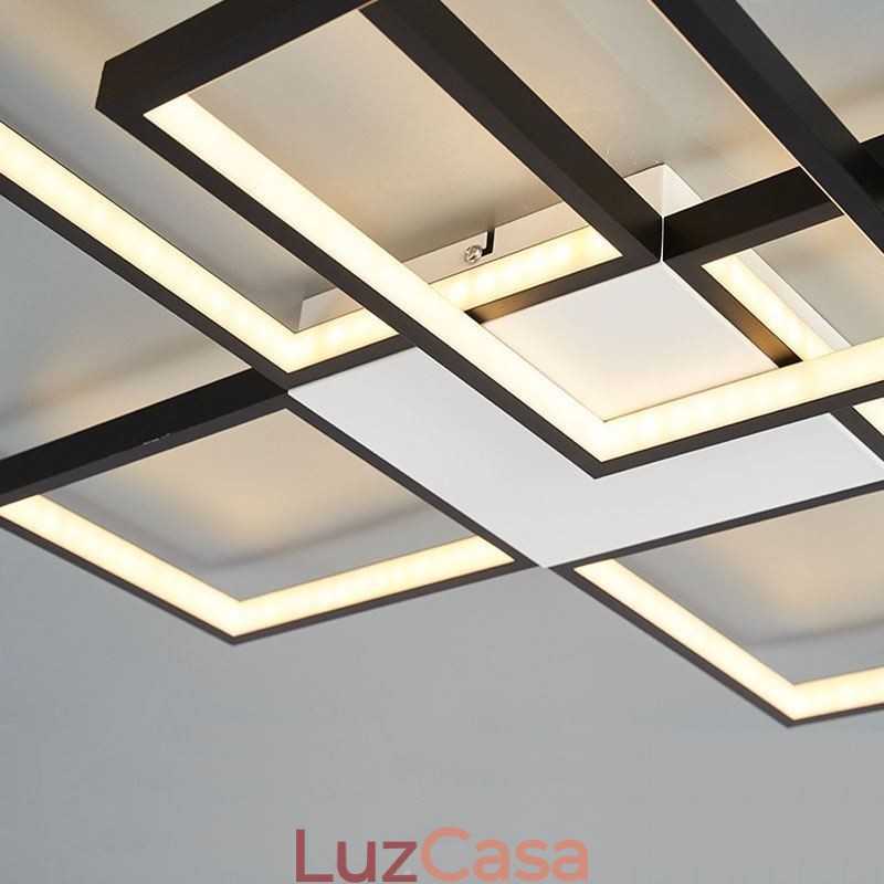 Luminária de teto minimalista embutida com cinco quadrados, ajustável continuamente e com controle remoto de 92 W