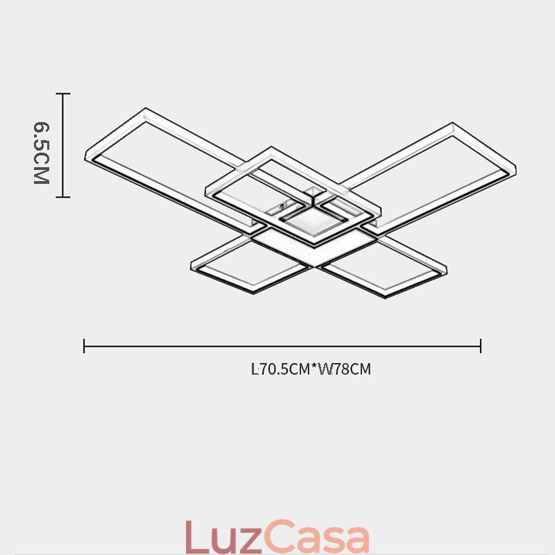 Luminária de teto minimalista embutida com cinco quadrados, ajustável continuamente e com controle remoto de 92 W