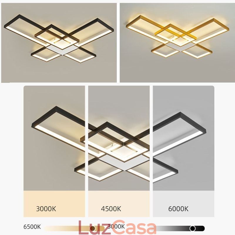 Luminária de teto minimalista embutida com cinco quadrados, ajustável continuamente e com controle remoto de 92 W