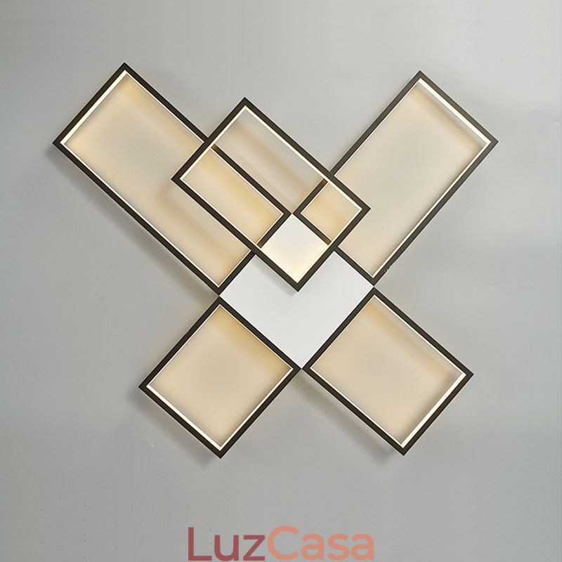 Luminária de teto minimalista embutida com cinco quadrados, ajustável continuamente e com controle remoto de 92 W