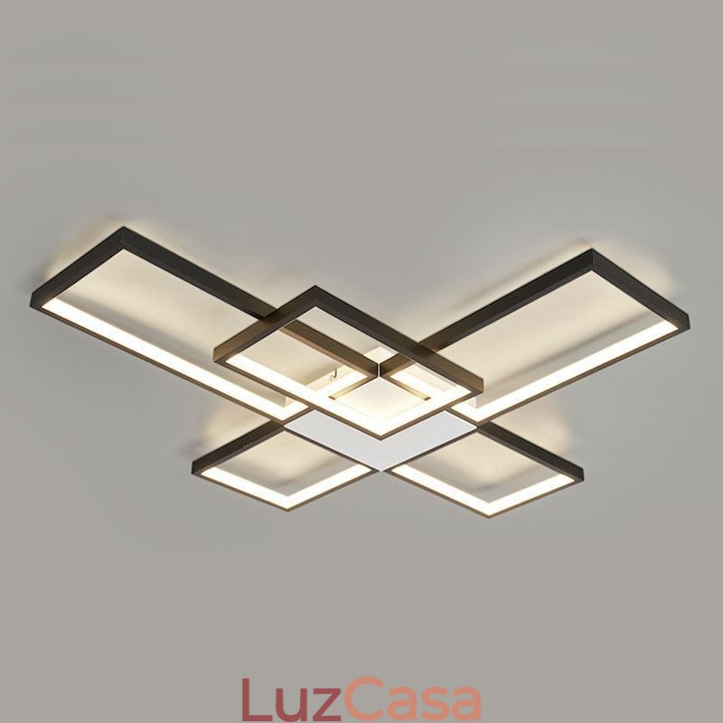 Luminária de teto minimalista embutida com cinco quadrados, ajustável continuamente e com controle remoto de 92 W