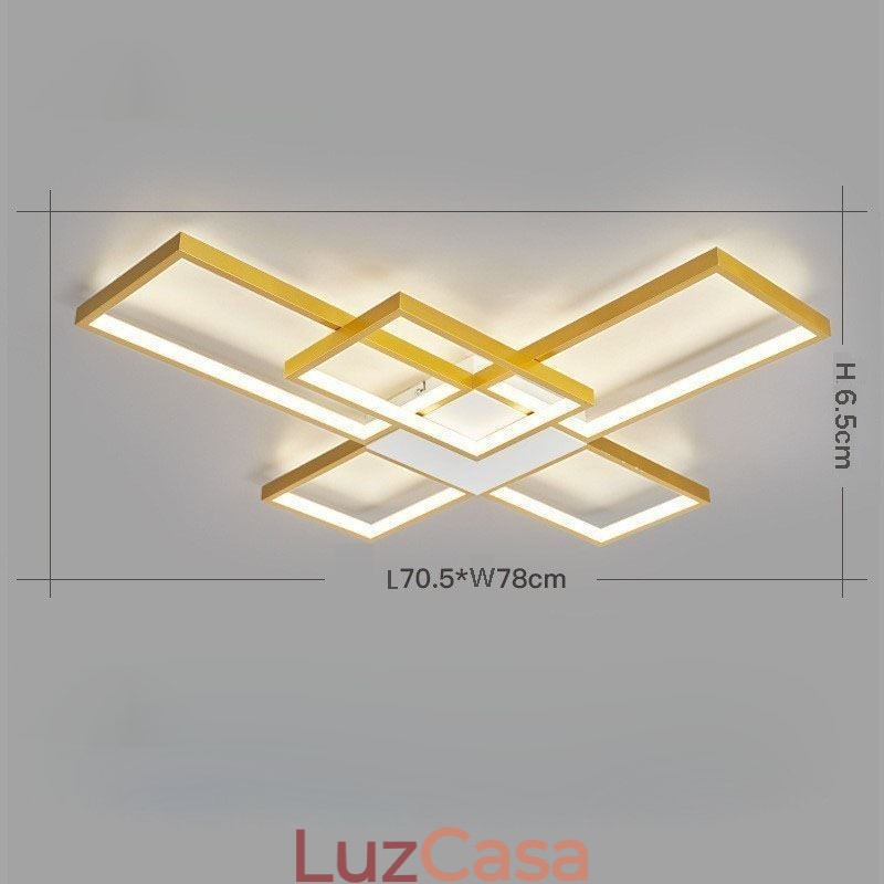 Luminária de teto minimalista embutida com cinco quadrados, ajustável continuamente e com controle remoto de 92 W