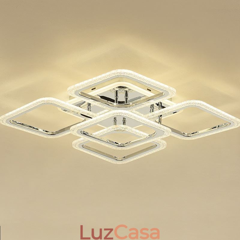 Luminária de teto quadrada em acrílico cromado embutida com 5 luzes