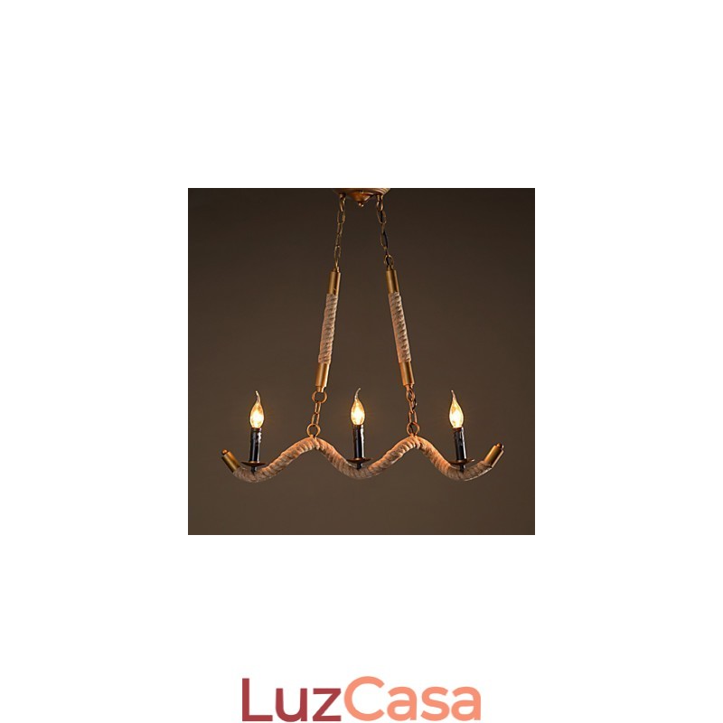 Lustre de cânhamo com vela, pingente vintage, ferro forjado, onda, corda de cânhamo, lustre