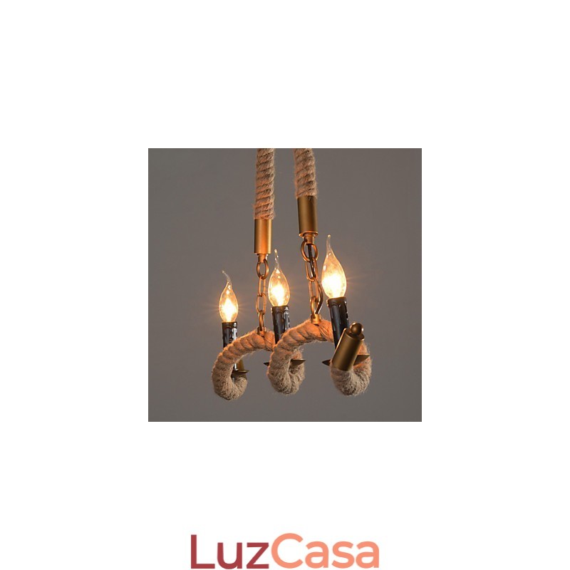 Lustre de cânhamo com vela, pingente vintage, ferro forjado, onda, corda de cânhamo, lustre