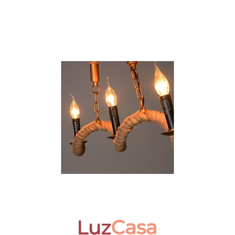Lustre de cânhamo com vela, pingente vintage, ferro forjado, onda, corda de cânhamo, lustre