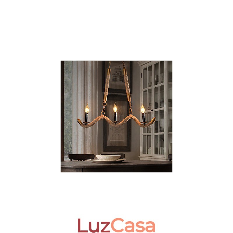 Lustre de cânhamo com vela, pingente vintage, ferro forjado, onda, corda de cânhamo, lustre