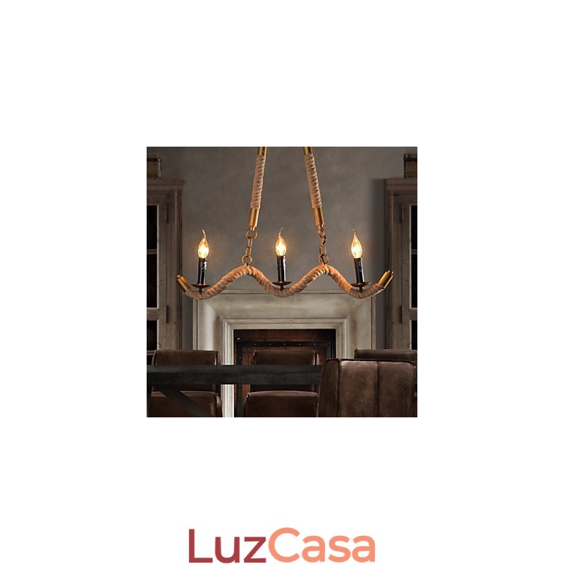 Lustre de cânhamo com vela, pingente vintage, ferro forjado, onda, corda de cânhamo, lustre