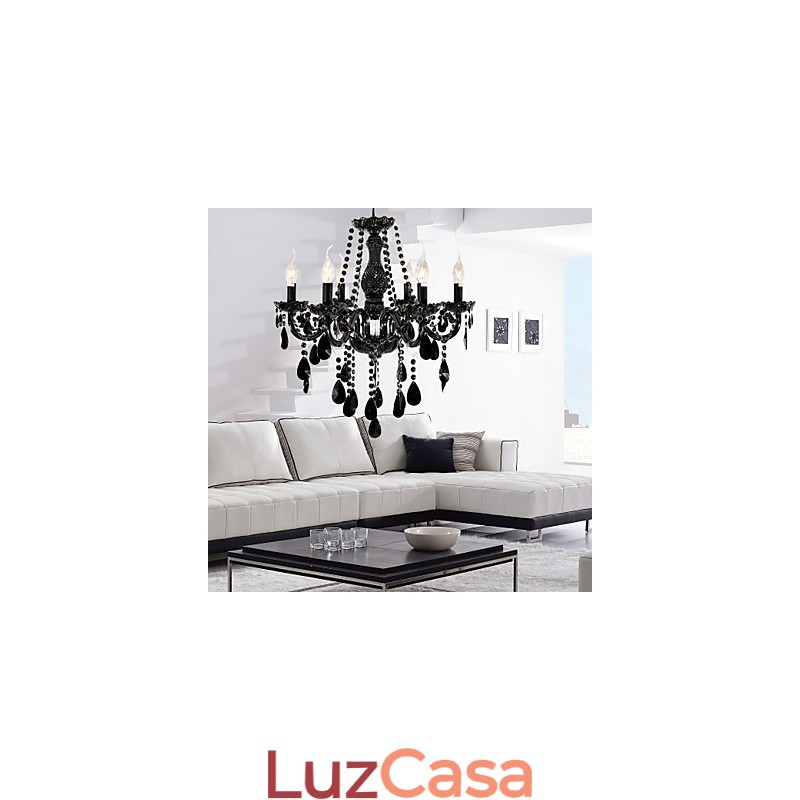 Lustre Cristal Preto Moderno 6 Luzes