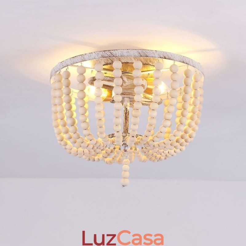 Luminária embutida de teto com contas de madeira de fazenda, 3 luminárias